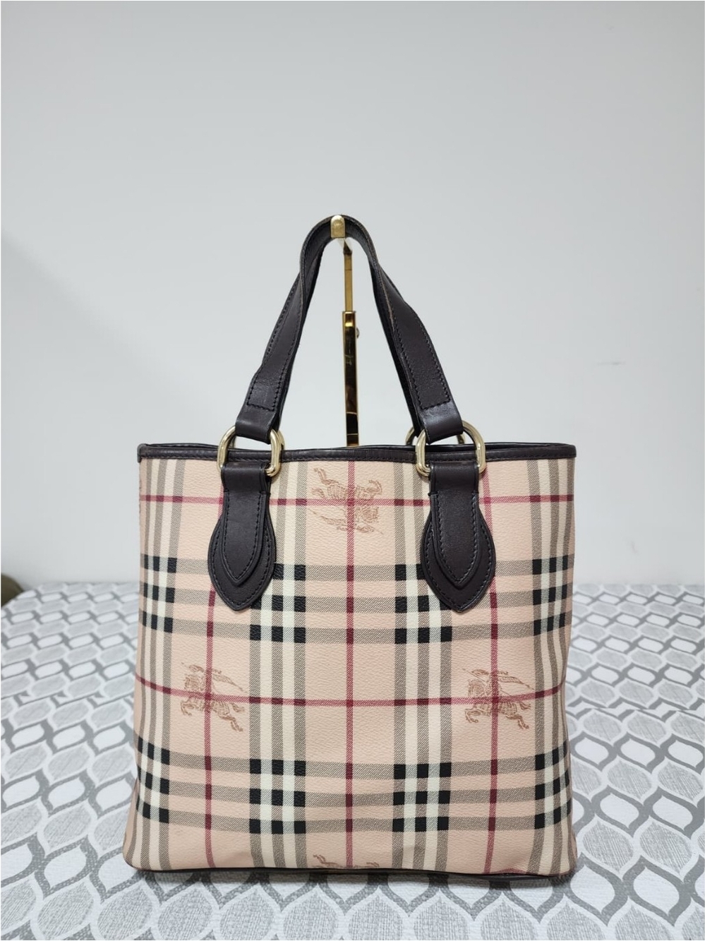BURBERRY Haymarket Check Coated Canvas Leather Small Regent Tote Bag Brown/Beige